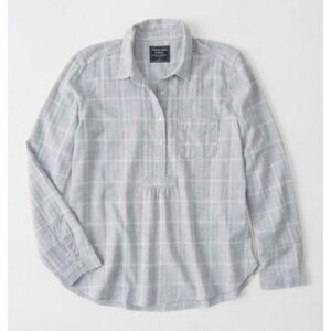 ABERCROMBIE & FITCH Gray + White Plaid Popover Women's Flannel Top NWT Size XS